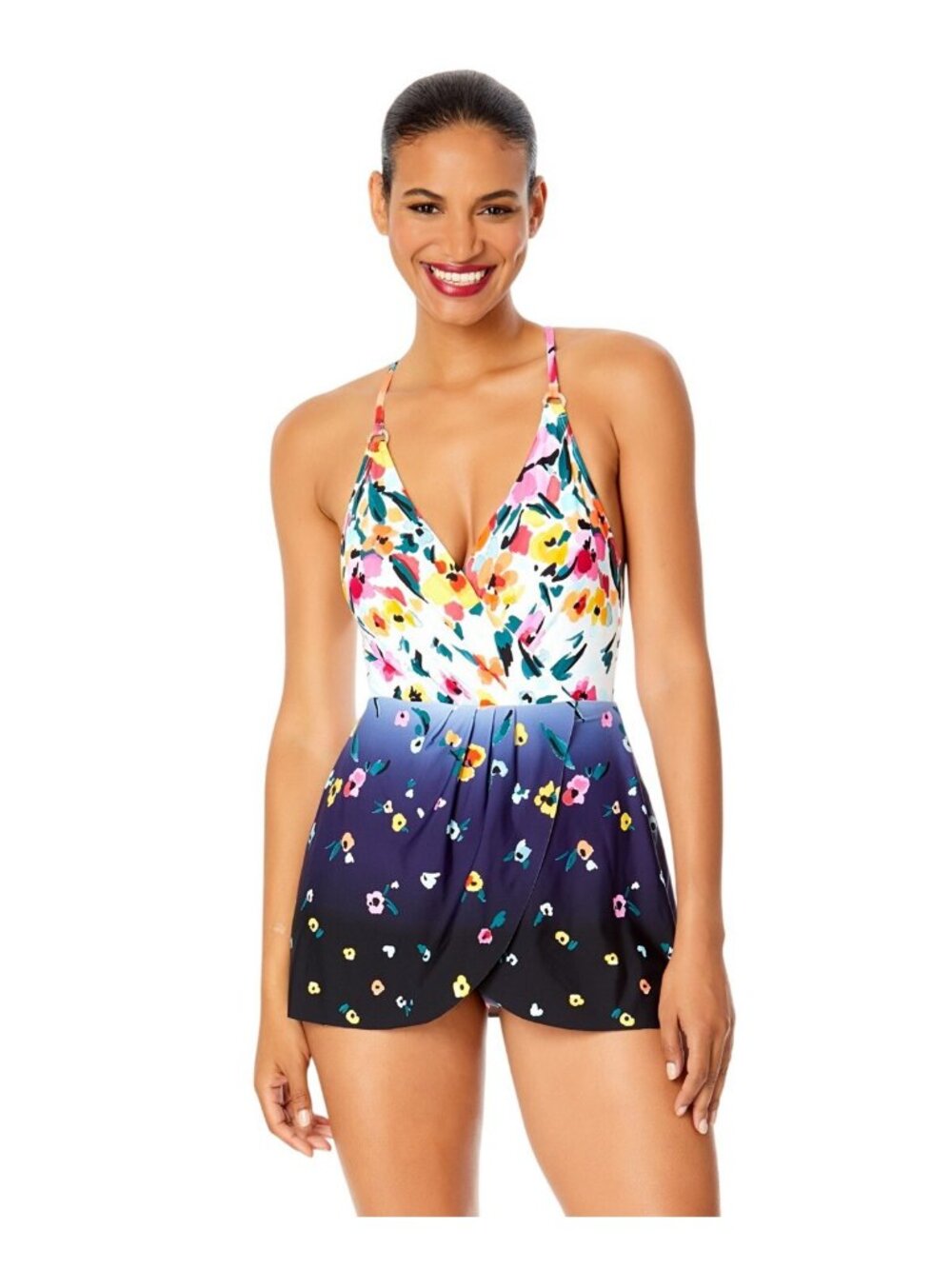 NWT Anne Cole Womens Floral-Print Swimdress One Piece Swimsuit Multi Blue 14